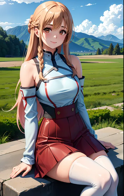 1girl, asuna_\(sao\), bangs, bare_shoulders, blue_sky, blush, boots, braid, breastplate, breasts, brown_eyes, closed_mouth, clou...