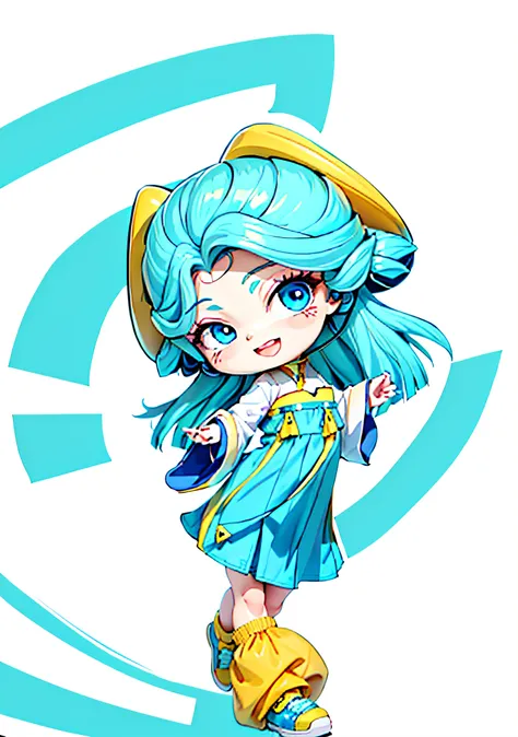 a cute cartoon girl, she is laughing, the girl's hair is blue, the girl's clothes are yellow and white, the eyes are blue, the e...