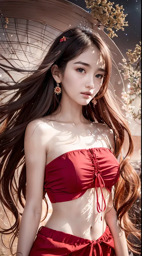 delicate facial features, a beautiful girl, a red bandeau on the top, red pants underneath, an antique dress, hand-held strings,...