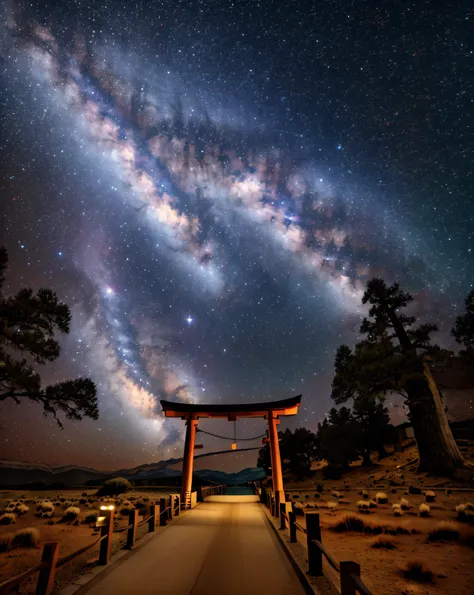 an ancient torii gate floating in an infinite universe. the milky way shines like passing through a torii gate. the torii gate i...