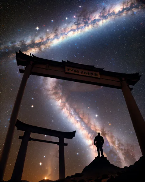 An ancient torii gate floating in an infinite universe. The Milky Way shines like passing through a torii gate. The torii gate is sparsely covered with stars. masterpiece, sharp, ultra detail, 8k,cyberspace soldier, angle view, top quality, dim, (high deta...