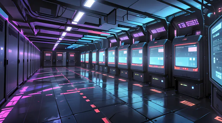 a dimly lit hallway with rows of data and computer screens, background is data server room, hacking into the mainframe, cyber sp...