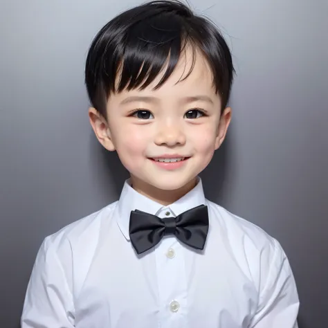 modern style, white background, chinese children's id photo, handsome, smiling boy, black eyes, flat head, bow tie