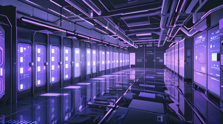 a dimly lit hallway with rows of data and computer screens, background is data server room, hacking into the mainframe, cyber sp...