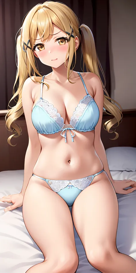 1girl, solo, arisa ichigaya, blonde long twintails, x hair ornament, large breasts, naked, lingerie, bedroom, blushing:1.2