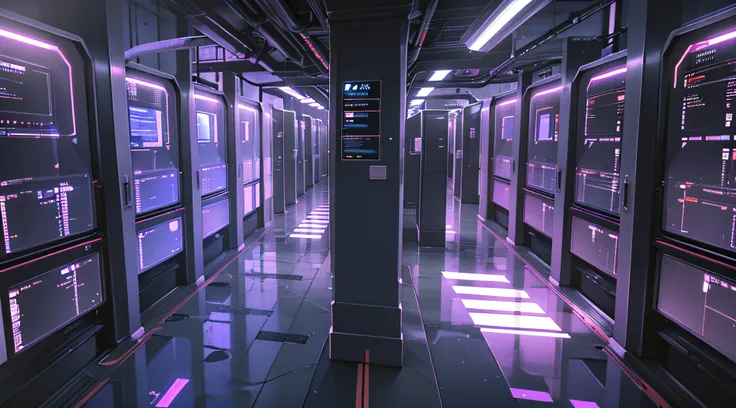 a dimly lit hallway with rows of data and computer screens, background is data server room, hacking into the mainframe, cyber sp...