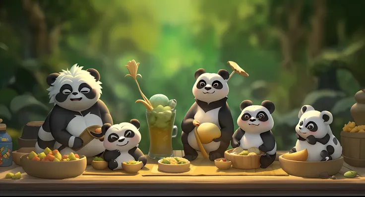 araffes and pandas are sitting at a table with food, animated movie still, hd wallpaper, animated movie scene, animated film, an...