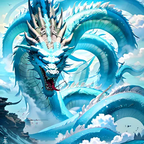 in the sky, there is a cyan chinese dragon, head in the water, burrowing into the sea, entering the sea, sharp teeth, front, 4k,...