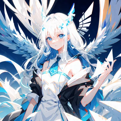 1 female, two-dimensional, white hair and blue eyes, black sky on the background, large white dragon horns on the head, bare sho...