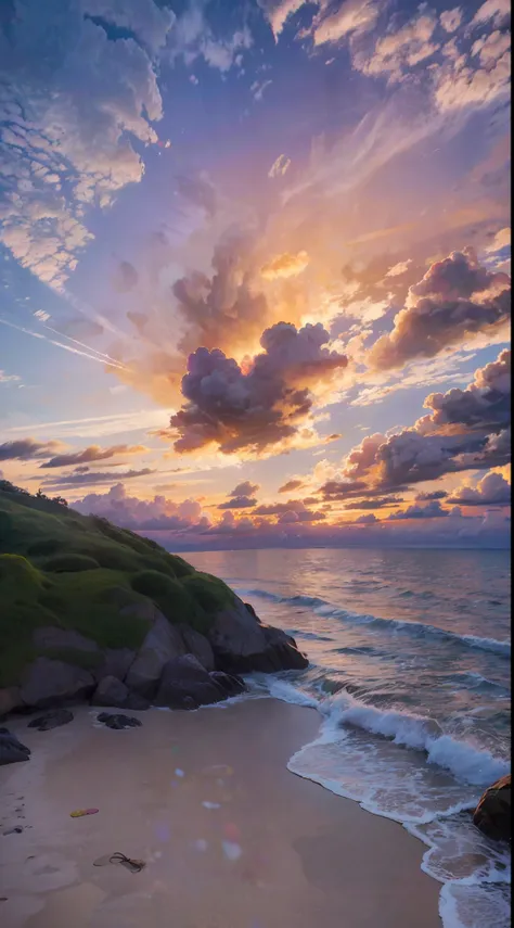 an absolutely mesmerizing sunset on the beach, with a mix of orange, pink, and yellow in the sky. the water is crystal clear, ge...