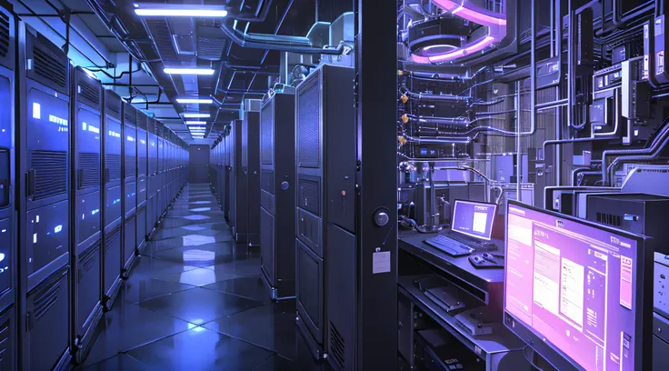 a dimly lit hallway with rows of data and computer screens, background is data server room, hacking into the mainframe, cyber sp...