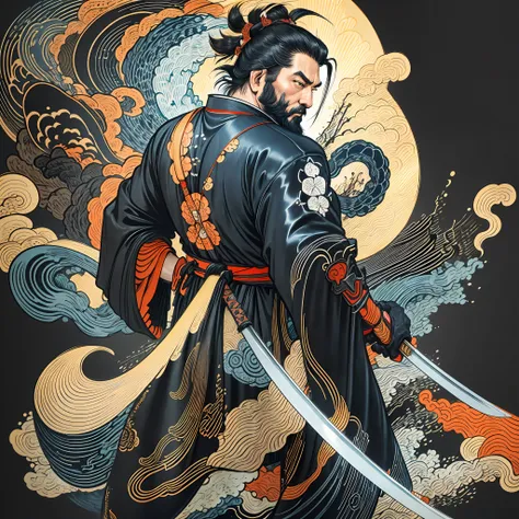 it is a full-body painting with natural colors with katsushika hokusai-style line drawings. the swordsman miyamoto musashi has a...