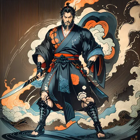 it is a full-body painting with natural colors with katsushika hokusai-style line drawings. the swordsman miyamoto musashi has a...