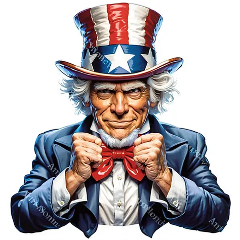 uncle in a top hat and bow tie with his hands crossed, uncle sam, patriotic!, by Joe Jusko, by Randy Gallegos, 4th of july, by Hugh Hughes, inspired by Joe Jusko, by Dave Arredondo, by Jason Edmiston, patriot, american man, by Tom Wänerstrand, fourth of ju...