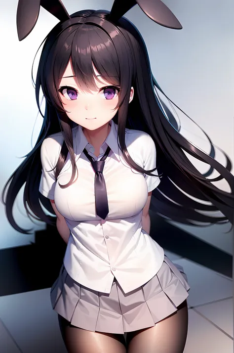 school uniform, white shirt, pantyhose, pleated skirt, tie, rabbit ears, mayijan, faint smile, mid_breats, best quality