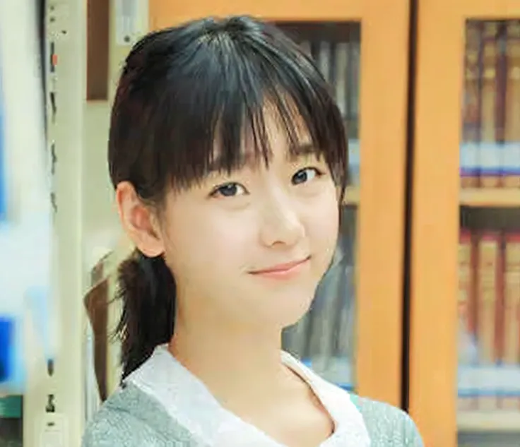 there is a young woman standing in front of a book shelf, kimi takemura, narumi kakinouchi, shiori teshirogi, kotegawa yui, chih...