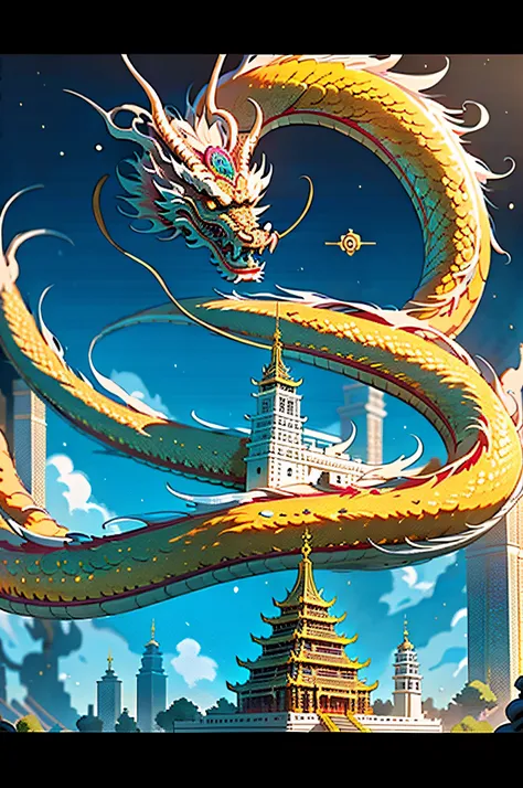 (masterpiece, best_quality, ultra detailed, immaculate: 1.3), epic, illustration, (length: 1.2), oriental dragon, "dystopian tem...