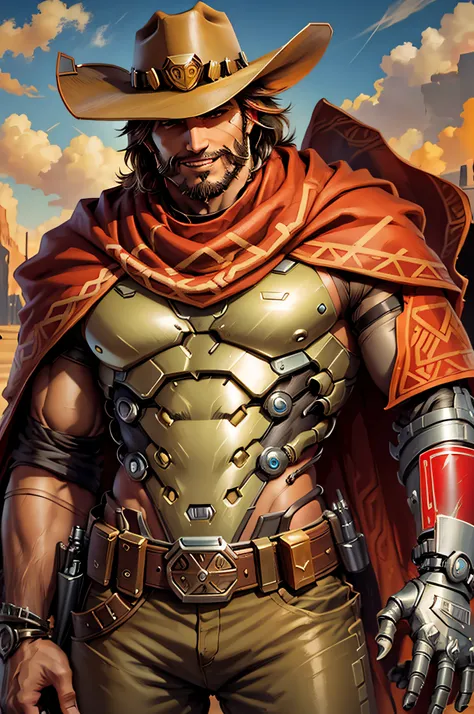 mccree, western setting, cowboy hat, red poncho, muscular, hunk, mechanical body, cybernetic right arm, cape, setting sun in bac...