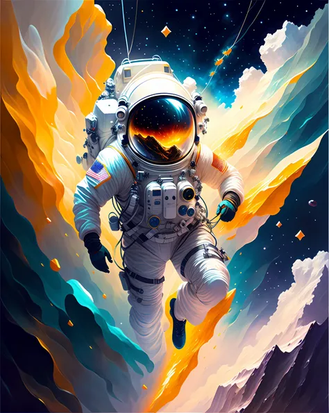 astronaut in outer space with glowing orange and blue clouds, stunning digital illustration, jen bartel, astronaut, detailed ast...