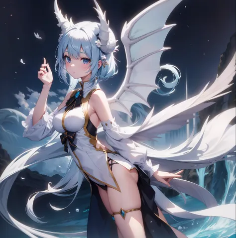 anime girl, two-dimensional, with a pair of white dragon horns on her head and a pair of white dragon wings behind her