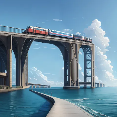 on the sea, there is a modern viaduct, which extends from left to right, and the perspective can see a train passing by on the b...