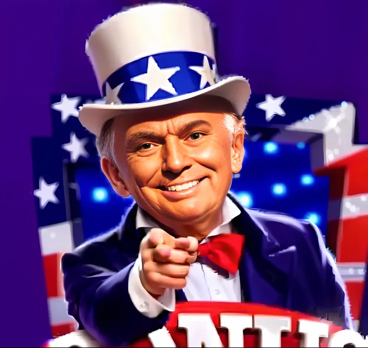 a close up of a person wearing a top hat and a bow tie, uncle sam, bernie goes to vegas, by Randy Gallegos, americanoize, avatar image, willy wonka pandemic, plutocracy, official photo, 0 brainsucker render, donald trump fortnite skin, donald trump in fort...