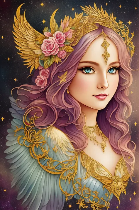 Watercolor beautiful magical beautiful Mystic Goddess, flowing heart, vintage frame, with angel wings, smile, feathers, stars, roses, moon, facing side, fantasy illustration, perfect face, with beautiful face and with stars, beautiful light hair, perfect e...