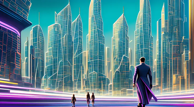 an oil painting of a futuristic cityscape, with towering skyscrapers and flying vehicles filling the frame. the colors are brigh...