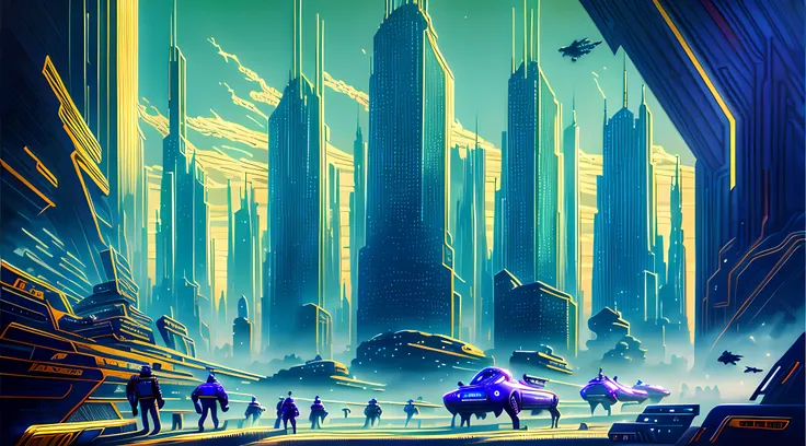 an oil painting of a futuristic cityscape, with towering skyscrapers and flying vehicles filling the frame. the colors are brigh...