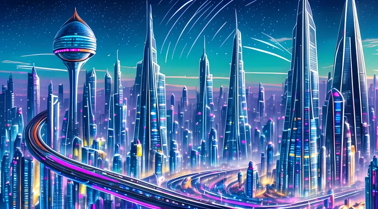 an oil painting of a futuristic cityscape, with towering skyscrapers and flying vehicles filling the frame. the colors are brigh...