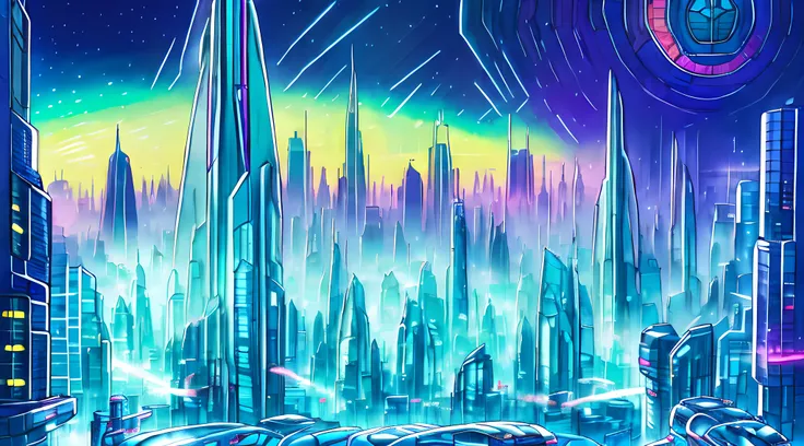 an oil painting of a futuristic cityscape, with towering skyscrapers and flying vehicles filling the frame. the colors are brigh...