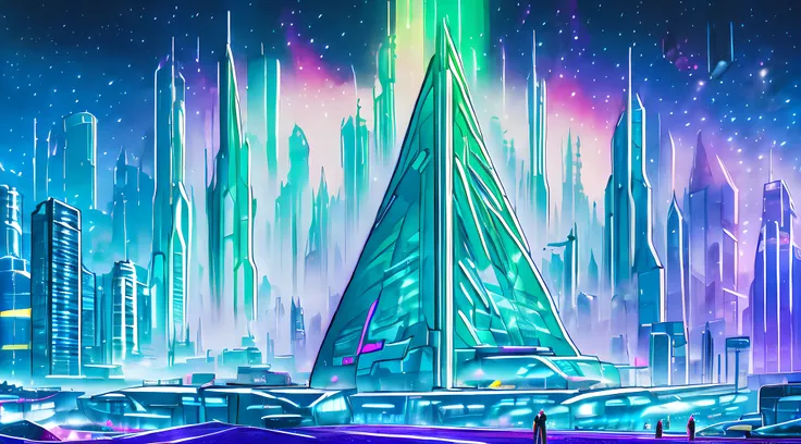 an oil painting of a futuristic cityscape, with towering skyscrapers and flying vehicles filling the frame. the colors are brigh...