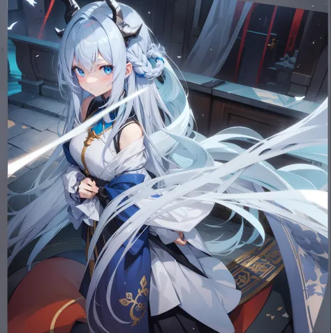 anime girl, two-dimensional, blue eyes, long white hair, shy eyes, a pair of dragon horns on her head