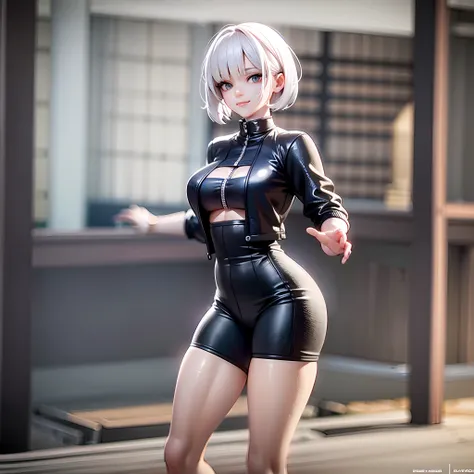 white hair, short cut,1girl,short pants, sneakers, beautiful eye, full body, dancing, looking away, black suit,[realistic], [3d], smile, closed mouth,(8k, RAW photo, best quality, masterpiece:1.2), ultra high res, photo realistic, professional lighting, de...