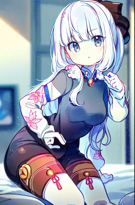 ((masterpiece, best quality, ultra-detailed)), (1girl:1.2), cute_face, kamisato ayaka (genshin impact), blunt bangs, grey eyes, hair strand, long hair, white hair, in japan style bedroom, looking at viewer, from front, close up, portrait, focus, leaning fo...