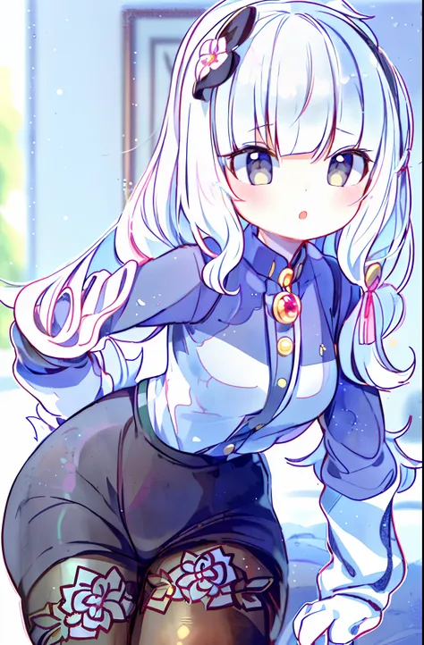 ((masterpiece, best quality, ultra-detailed)), (1girl:1.2), cute_face, kamisato ayaka (genshin impact), blunt bangs, grey eyes, hair strand, long hair, white hair, in japan style bedroom, looking at viewer, from front, close up, portrait, focus, leaning fo...