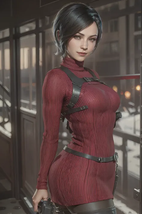 1 girl, solo, ada wong from resident evil 4 remake, short hair, black hair, red sweater turtleneck dress, long sleeve drees, bla...