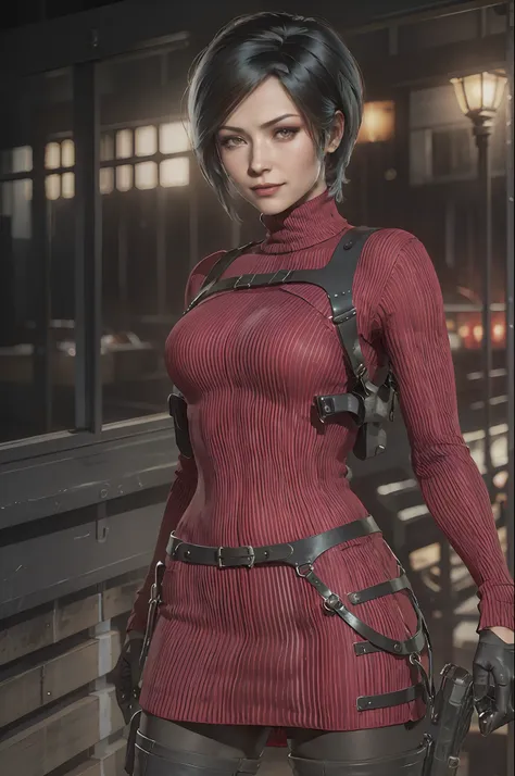 1 girl, solo, ada wong from resident evil 4 remake, short hair, black hair, red sweater turtleneck dress, long sleeve drees, bla...