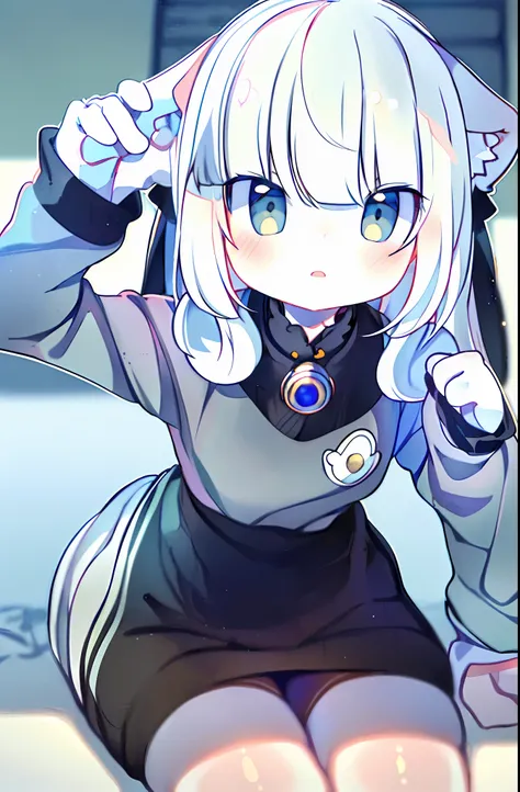 ((masterpiece, best quality, ultra-detailed)), (1girl:1.2), cute_face, blunt bangs, grey eyes, hair strand, long hair, white hair, in japan style bedroom, looking at viewer, from front, close up, portrait, focus, leaning forward, from below, kamisato_ayak...