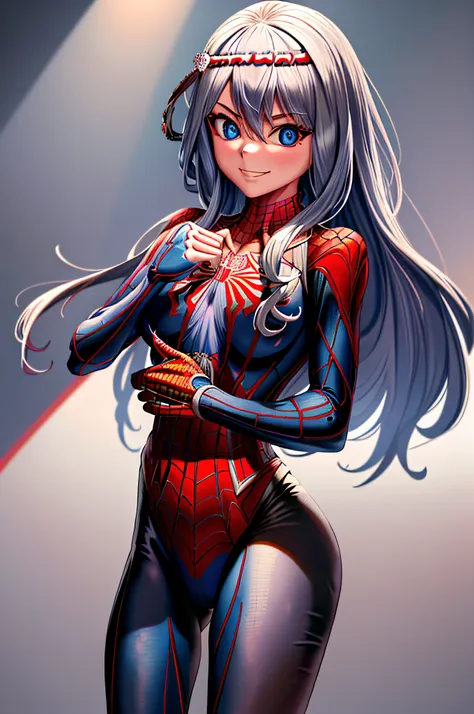 (masterpiece), (best quality), highres, kei1, 1girl, solo, blue eyes, long hair, (((wears a detailed female spiderman costume wi...