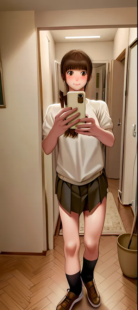 masterpiece, best quality, high resolution, brown eyes, dull bangs, kibito high school uniform, mini skirt, sweater, pleated skirt, socks, standing, cowboy shot, dress lift:2,show off panties,look down,close up