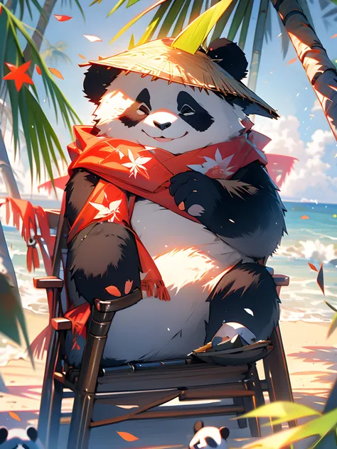 1 cute panda,outdoors,solo,on the beach,face close-up,portrait painting,take the drink,hat,furry,leaf,standing,red scarf,no huma...