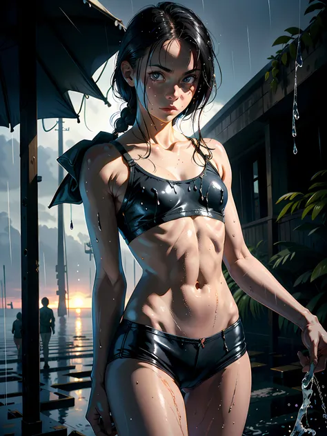 illustration, (smile,:1),(raining,wet,splash:1.3),  (string,abs,small breasts,:1.1),(thin transparent, wet clothes,sfw),thighs, battlefield, (slim, fit,flat chest, petite,ukranian,) photo realistic, high definition, detailed realistic, detailed,  hyper det...