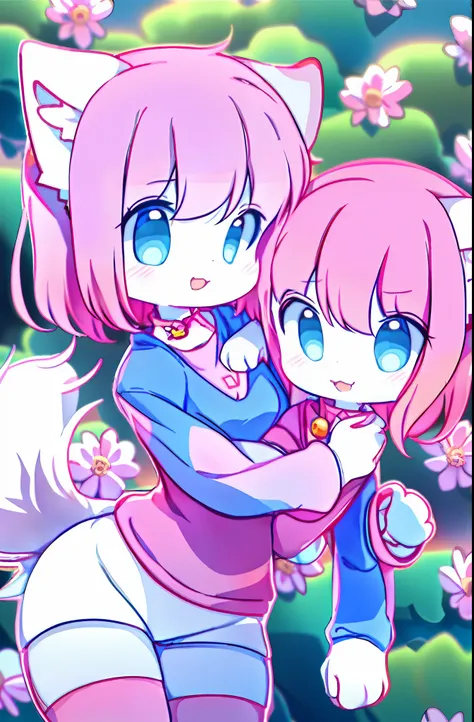 anime girl with a pink shirt and white shorts and a pink cat, fursona!!!!, female furry mini cute style, cute anime catgirl, fur...