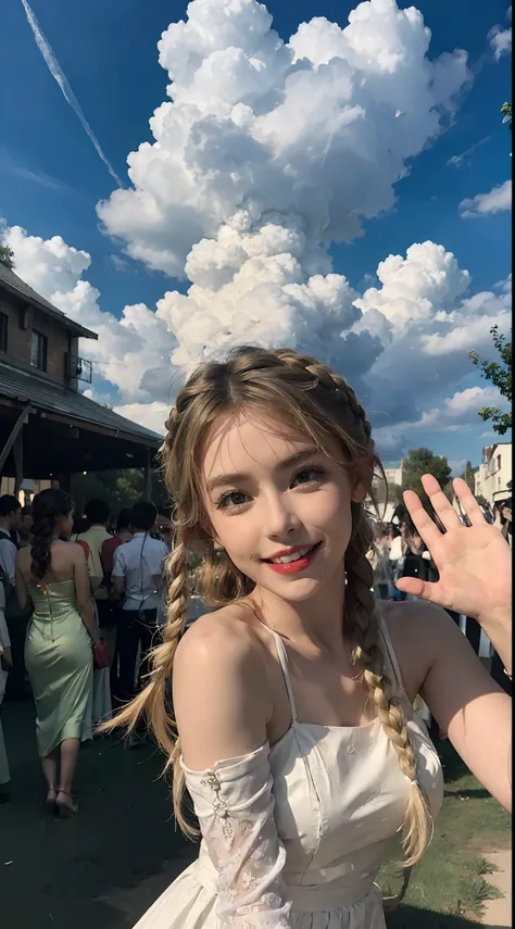 1 girl, solo, dress, blonde, green eyes, braids, white dress, outstretched hand, outdoors, looking at the audience, clouds, bare shoulders, sky, smile, wind, perfect hands, cute