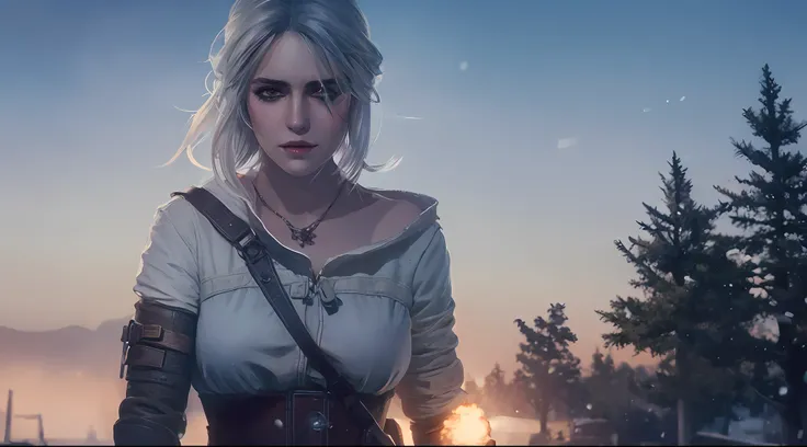 Realism, a woman in a sweater standing on a snowfield, CIRI, Guvez style artwork, Siri from the Wizard, The Sorcerer)), Artgerm and Atey Ghailan, 4K detailed digital art, Best Art Station for Fan Art, epic portrait illustration, stunning character art, win...