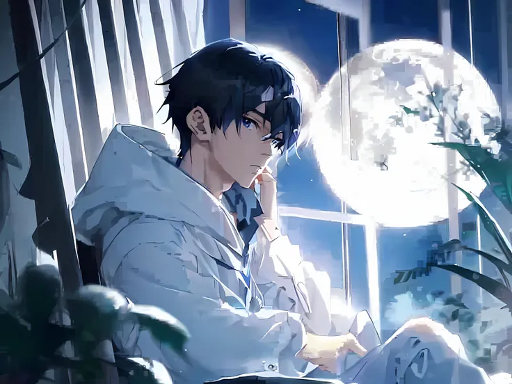 anime boy sitting on a chair looking out a window at the moon, handsome anime pose, anime handsome man, inspired by bian shoumin...