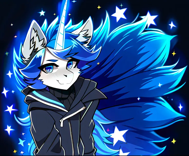 (best quality, masterpiece), 1boy, starry background, unicorn horn, blue eyes, dark grey fur, dark blue hair, blue tail, full bo...