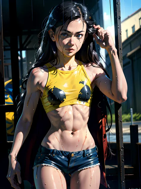 illustration, (smile,:1),(raining,wet,splash:1.3),  (string,abs,small breasts,:1.1),(thin transparent, wet clothes,sfw),thighs, battlefield, (slim, fit,flat chest, petite,ukranian,) photo realistic, high definition, detailed realistic, detailed,  hyper det...