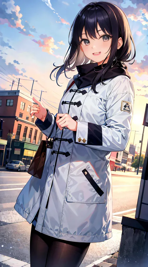 (morning), 1girl, 独奏, 看着观众, winter, cowboy shot, (downtown), cowboy shot, smile, black hair